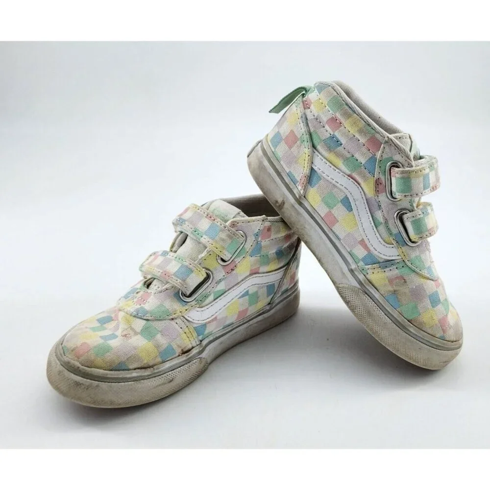 Vans Hi Top Skate Sneaker Shoes Hook & Loop Straps Pastel Check Toddler Size 8